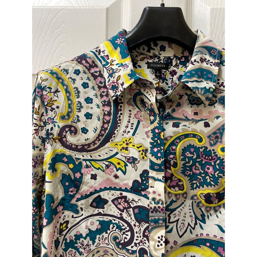 Talbots Women's Large Soft Dressing Roll Tab Sleeve Button Up Paisley Print